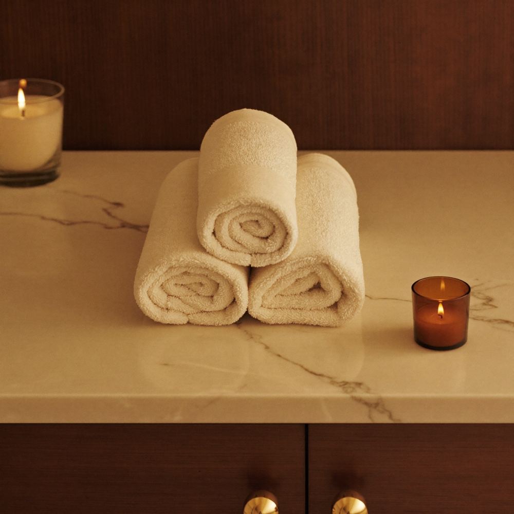 Rolled cream towels and candlelight on warm marble