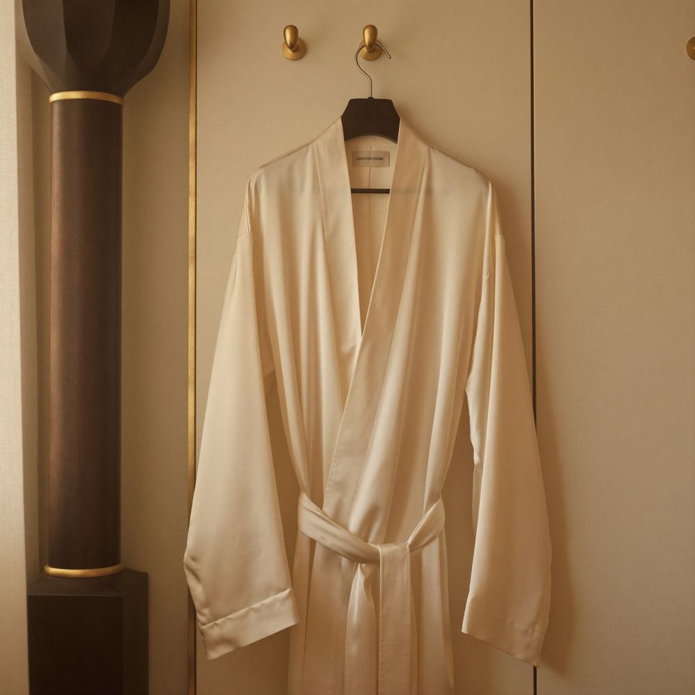 Champagne silk robe on a brushed gold hook