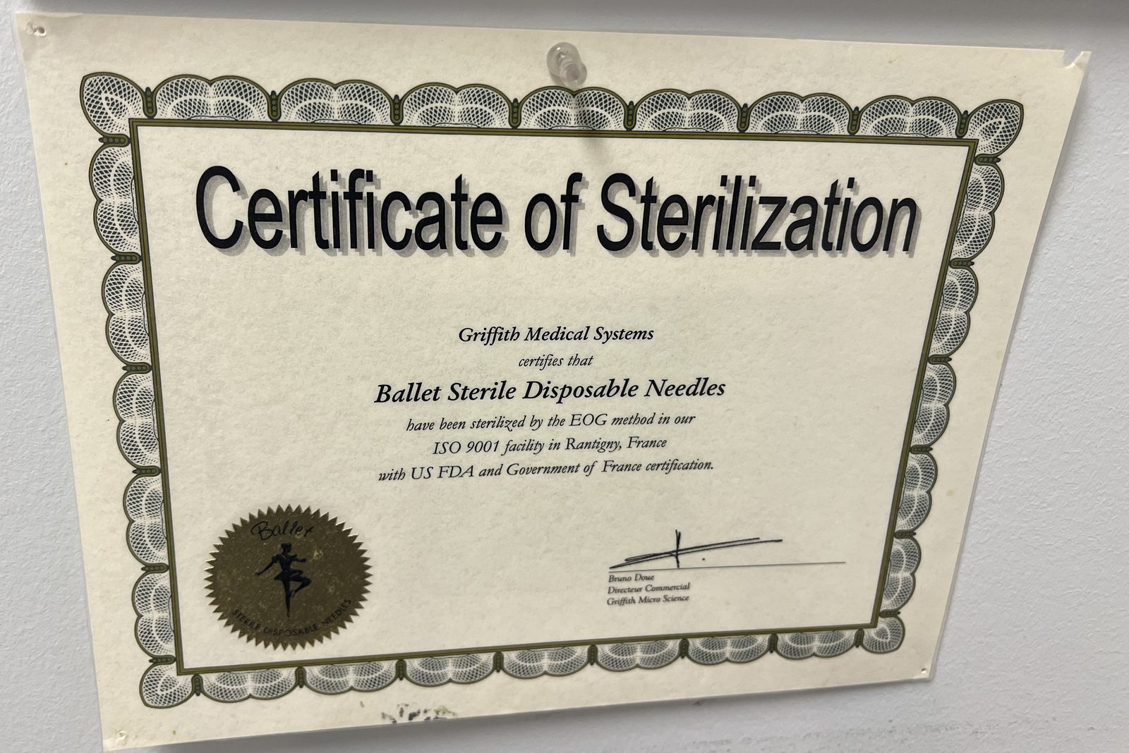 Certificate of Sterilization from Griffith Medical Systems for the Ballet sterile disposable needles used in every treatment